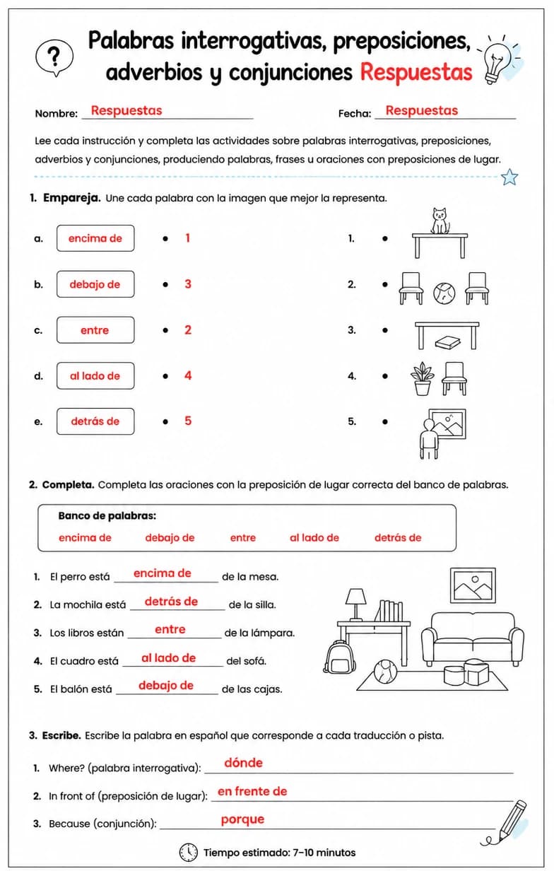 Answer key for Producir palabras, frases o oraciones en español relacionadas con preposiciones de lugar. — free printable Spanish worksheet