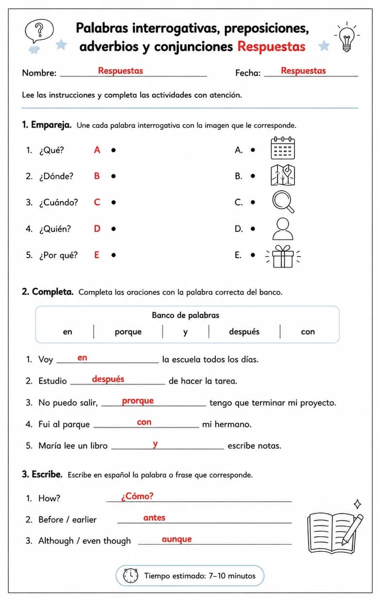Answer key for Producir palabras, frases o oraciones en español relacionadas con palabras interrogativas. — free printable Spanish worksheet