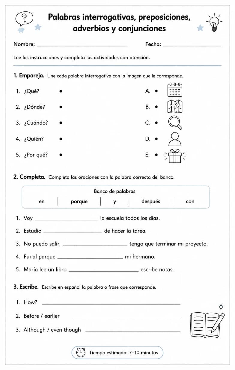 Producir palabras, frases o oraciones en español relacionadas con palabras interrogativas. — free printable Middle School Spanish worksheet