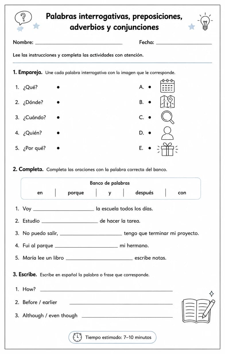 Producir palabras, frases o oraciones en español relacionadas con palabras interrogativas.