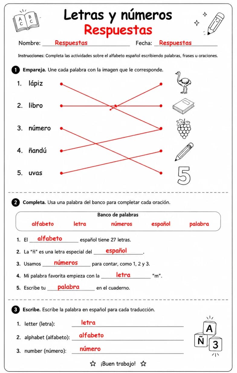 Answer key for Producir palabras, frases o oraciones en español relacionadas con el alfabeto español. — free printable Spanish worksheet