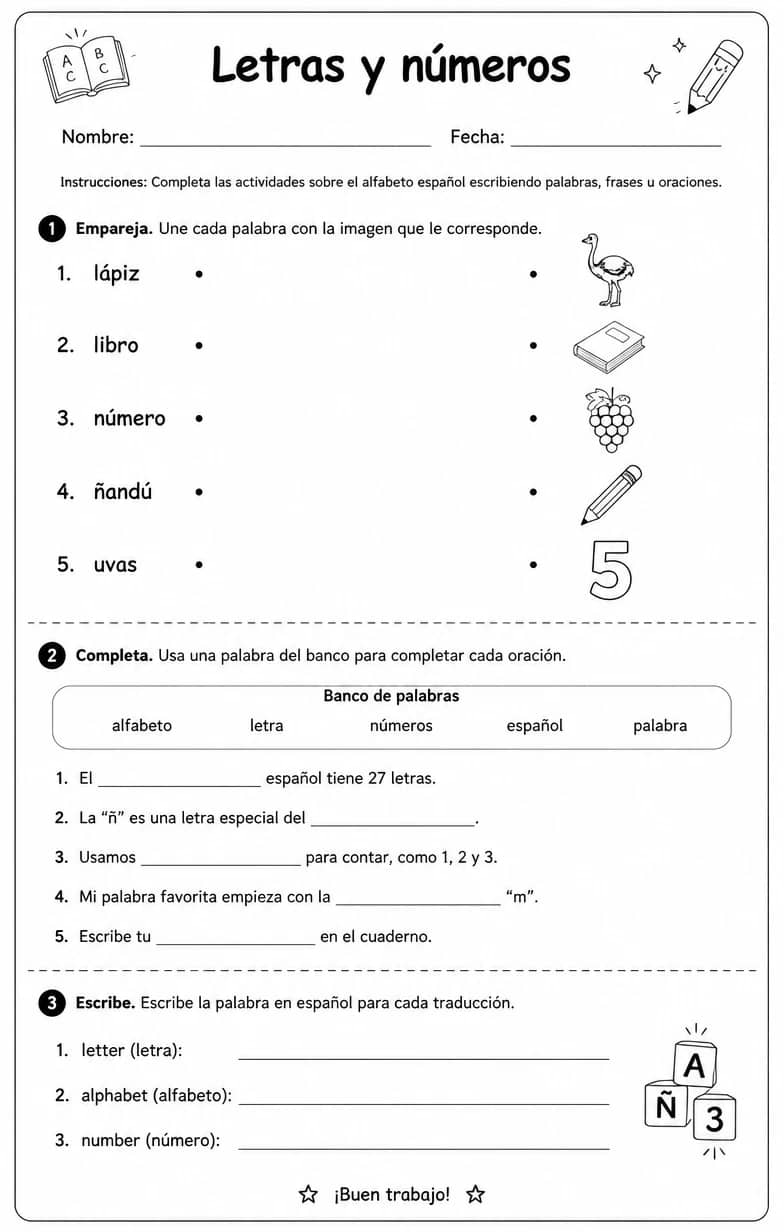 Producir palabras, frases o oraciones en español relacionadas con el alfabeto español. — free printable Middle School Spanish worksheet