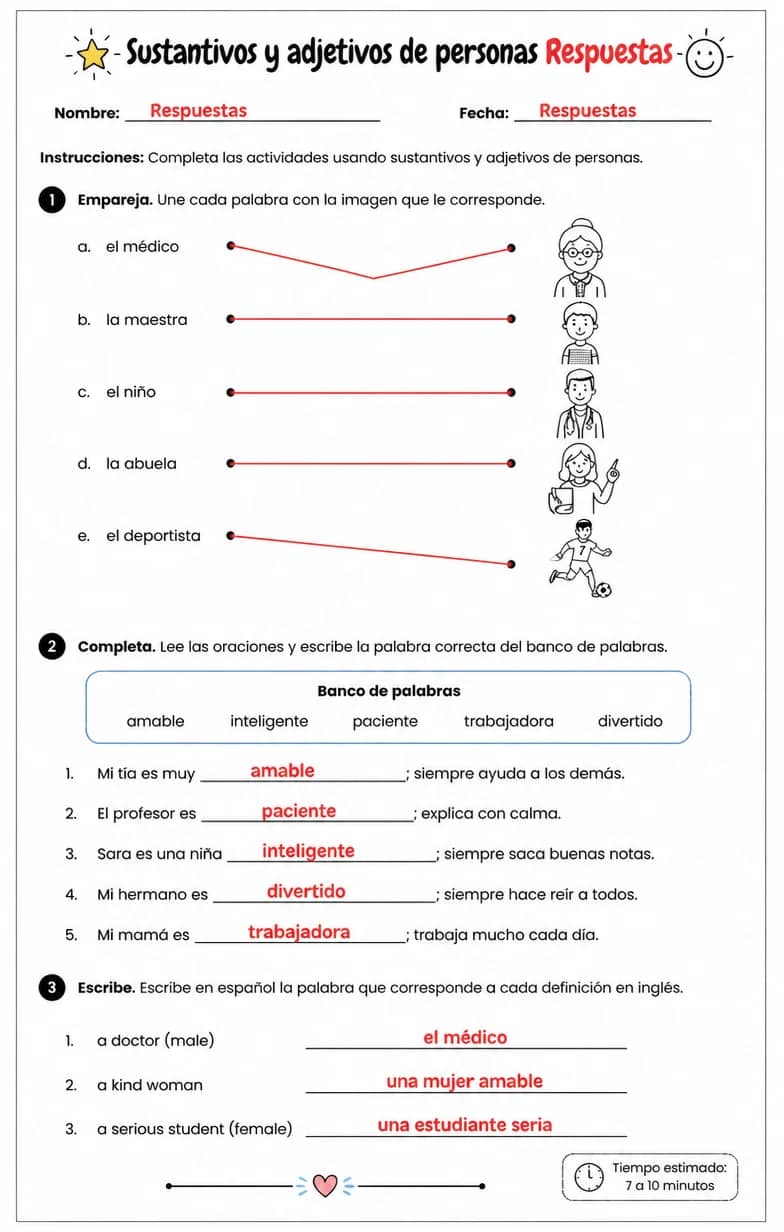 Answer key for Producir palabras, frases o oraciones en español relacionadas con sustantivos de personas. — free printable Spanish worksheet