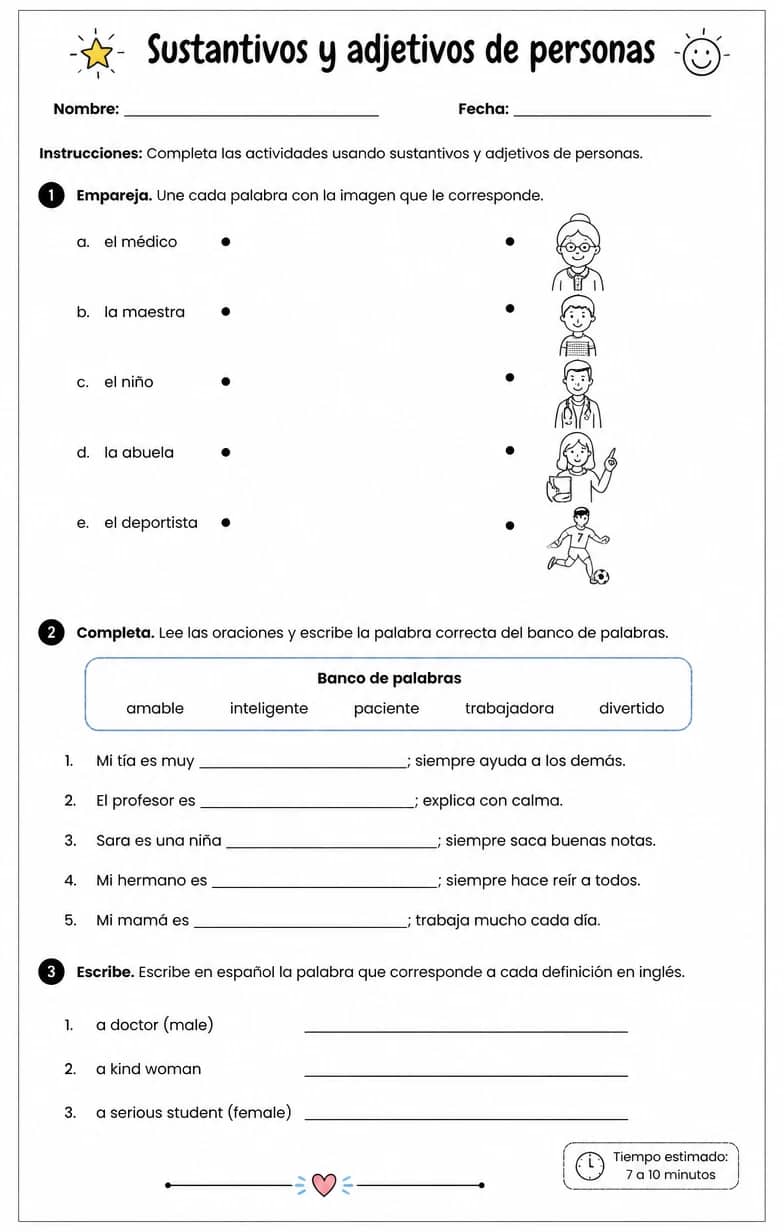 Producir palabras, frases o oraciones en español relacionadas con sustantivos de personas. — free printable Middle School Spanish worksheet