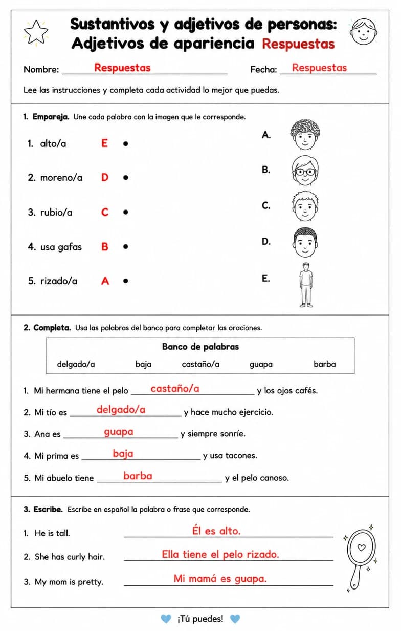 Answer key for Producir palabras, frases o oraciones en español relacionadas con adjetivos de apariencia. — free printable Spanish worksheet