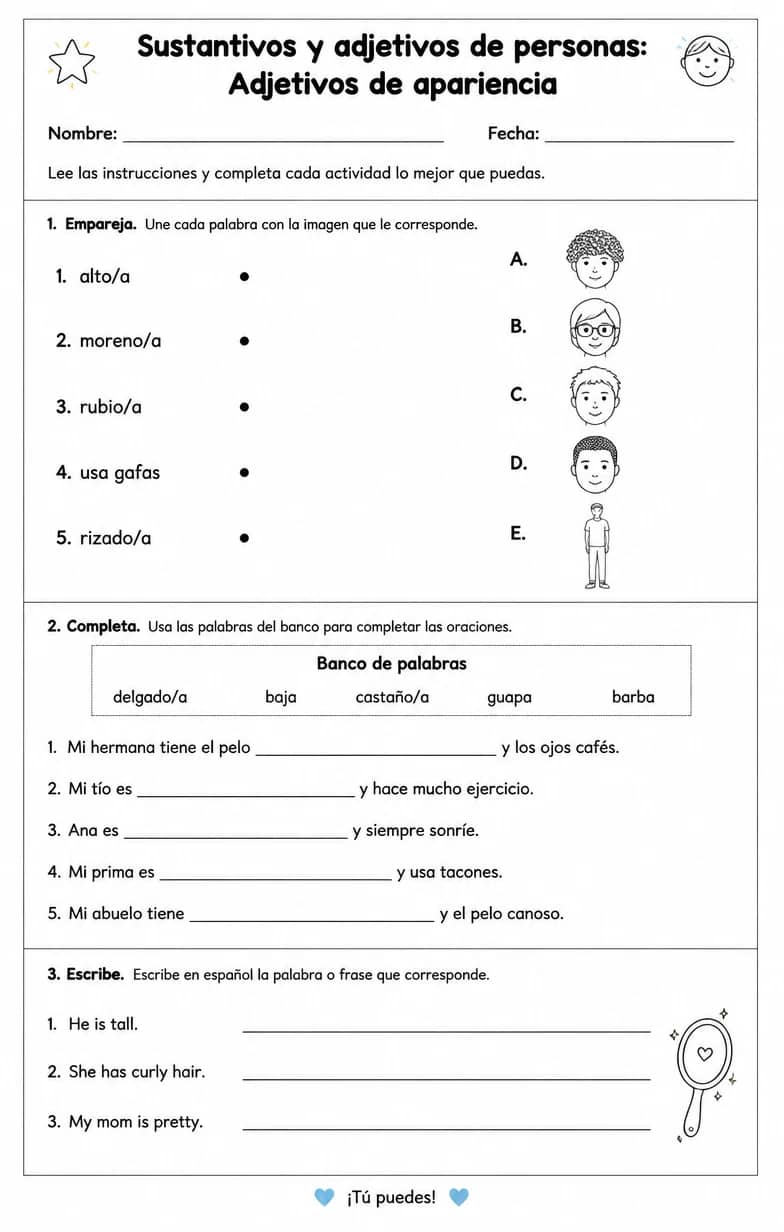 Producir palabras, frases o oraciones en español relacionadas con adjetivos de apariencia. — free printable Middle School Spanish worksheet