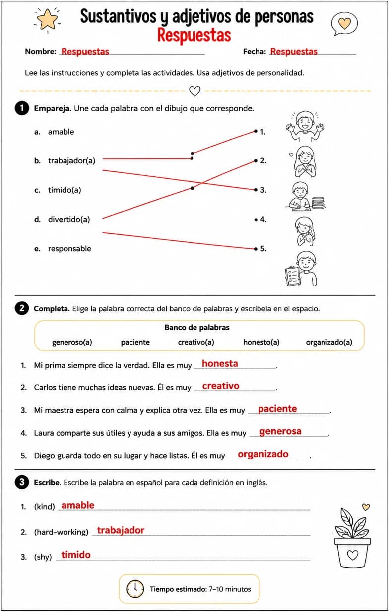 Answer key for Producir palabras, frases o oraciones en español relacionadas con adjetivos de personalidad. — free printable Spanish worksheet