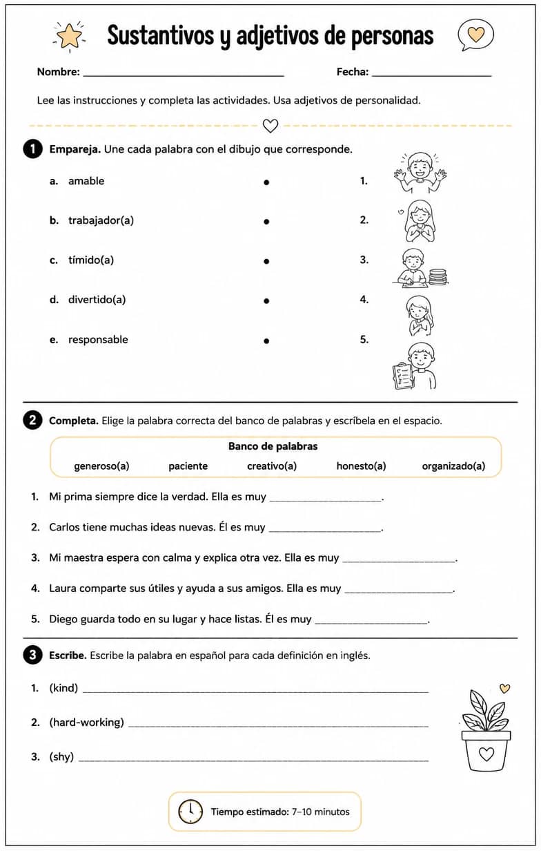 Producir palabras, frases o oraciones en español relacionadas con adjetivos de personalidad. — free printable Middle School Spanish worksheet