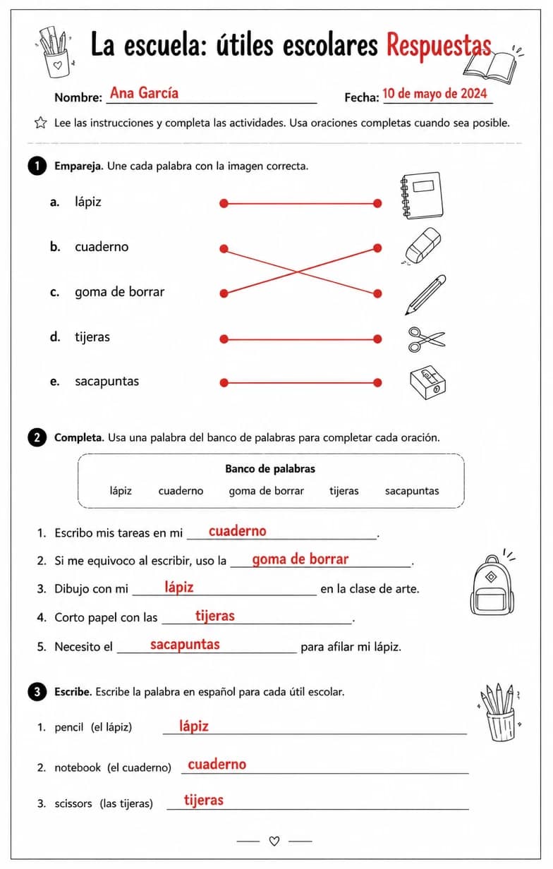 Answer key for Producir palabras, frases o oraciones en español relacionadas con útiles escolares. — free printable Spanish worksheet