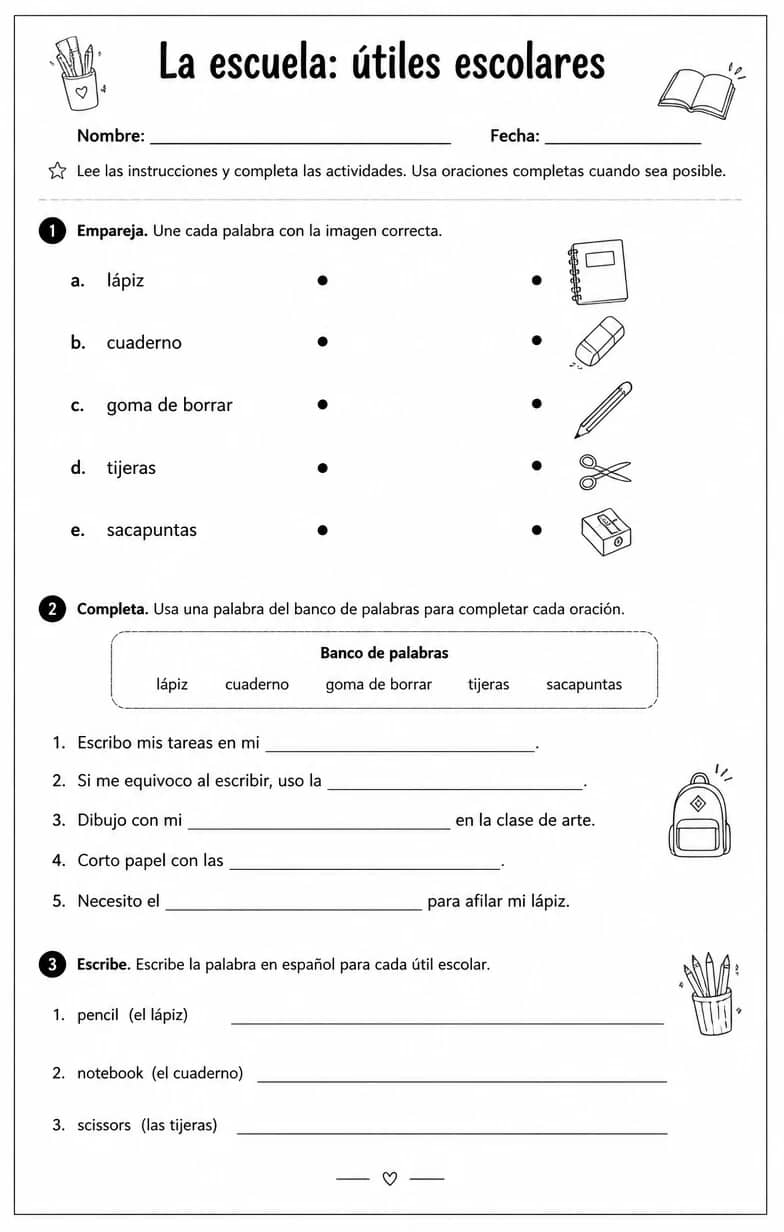 Producir palabras, frases o oraciones en español relacionadas con útiles escolares. — free printable Middle School Spanish worksheet