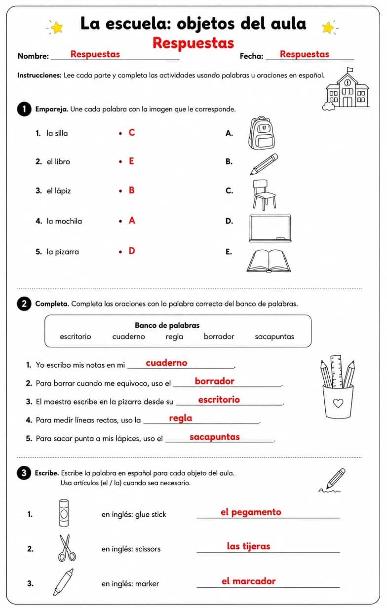 Answer key for Producir palabras, frases o oraciones en español relacionadas con objetos del aula. — free printable Spanish worksheet