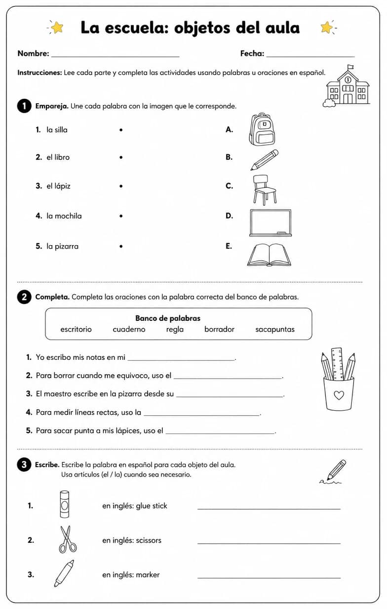 Producir palabras, frases o oraciones en español relacionadas con objetos del aula. — free printable Middle School Spanish worksheet