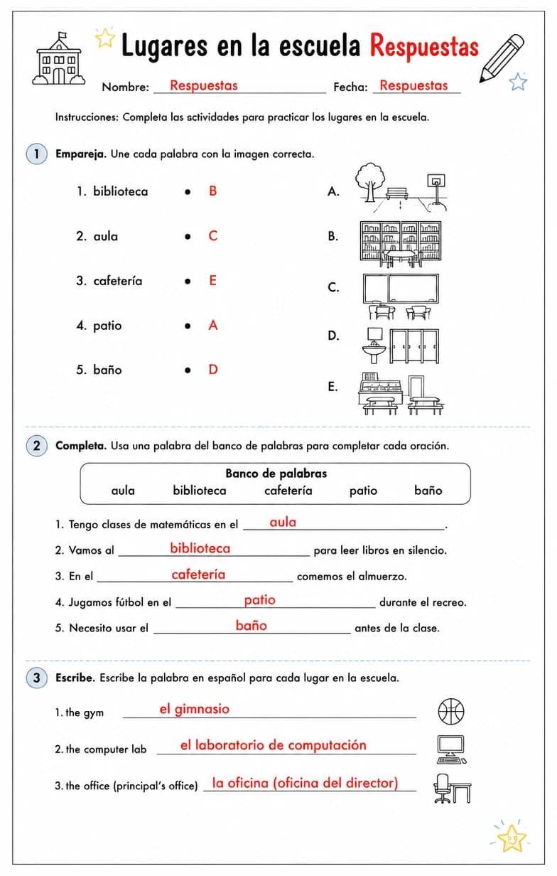 Answer key for Producir palabras, frases o oraciones en español relacionadas con lugares en la escuela. — free printable Spanish worksheet