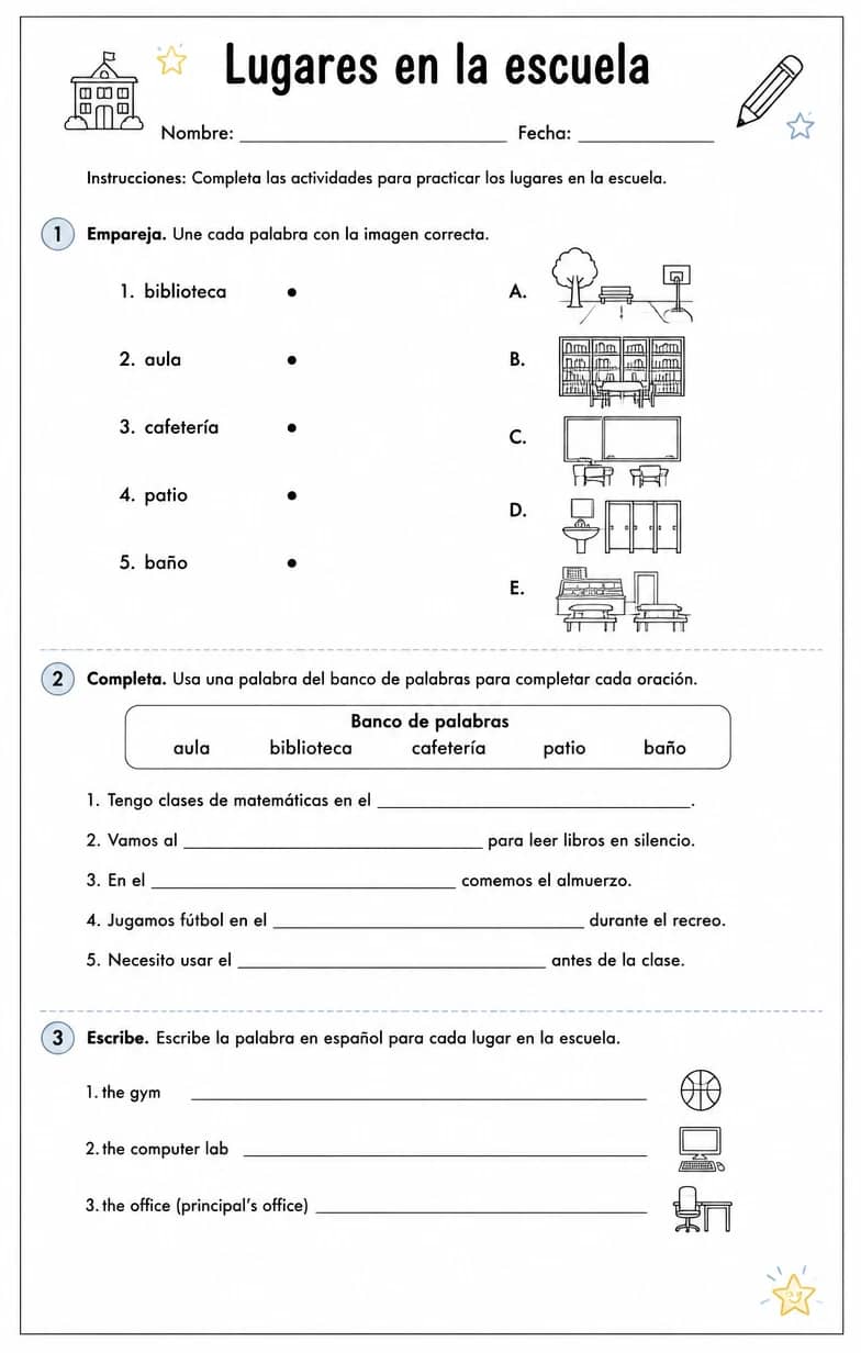 Producir palabras, frases o oraciones en español relacionadas con lugares en la escuela. — free printable Middle School Spanish worksheet