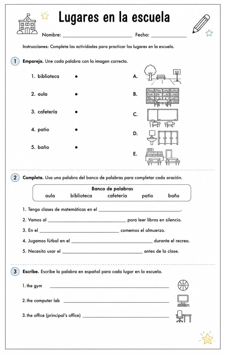Producir palabras, frases o oraciones en español relacionadas con lugares en la escuela.