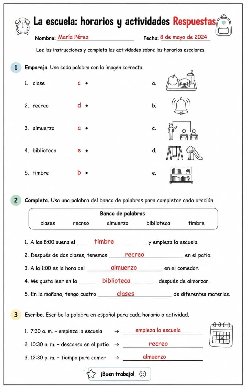 Answer key for Producir palabras, frases o oraciones en español relacionadas con horarios escolares. — free printable Spanish worksheet