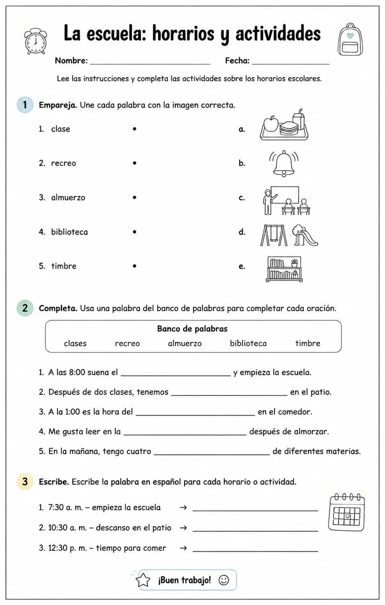Producir palabras, frases o oraciones en español relacionadas con horarios escolares. — free printable Middle School Spanish worksheet