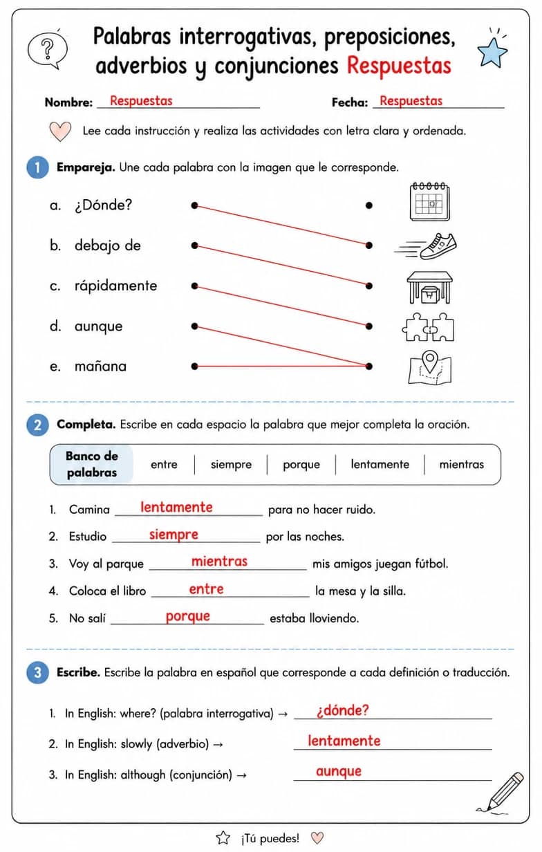 Answer key for Producir palabras, frases u oraciones en español relacionadas con adverbios. — free printable Spanish worksheet