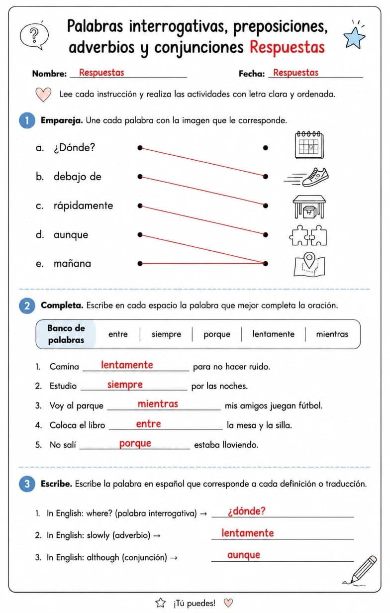 Answer key for Producir palabras, frases u oraciones en español relacionadas con adverbios. — free printable Spanish worksheet