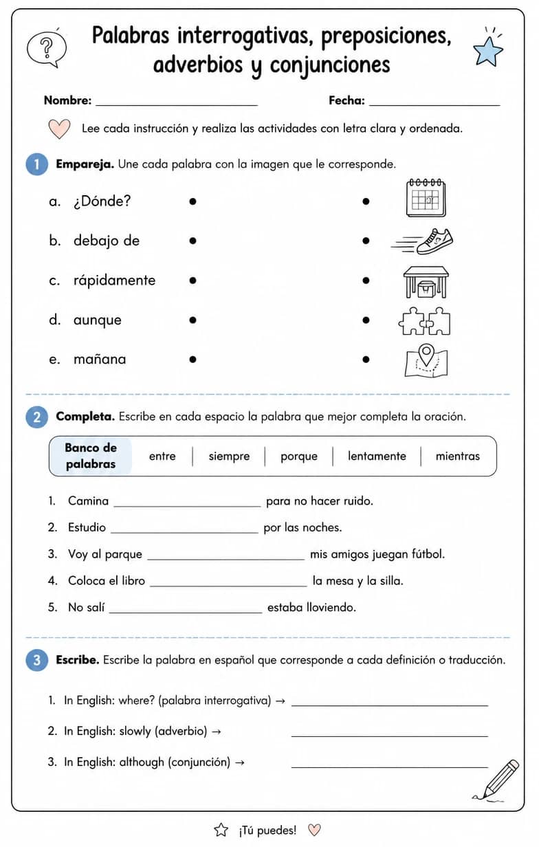 Producir palabras, frases u oraciones en español relacionadas con adverbios. — free printable Middle School Spanish worksheet