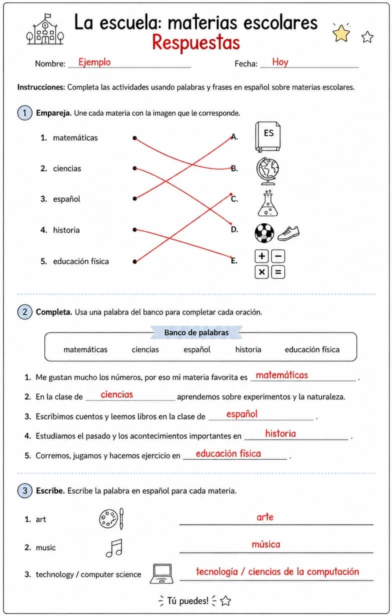Answer key for Producir palabras, frases u oraciones en español relacionadas con materias escolares. — free printable Spanish worksheet