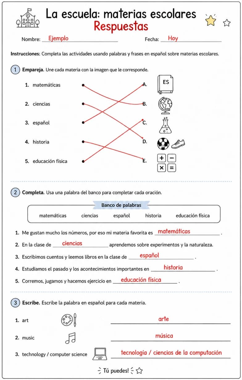 Answer key for Producir palabras, frases u oraciones en español relacionadas con materias escolares. — free printable Spanish worksheet