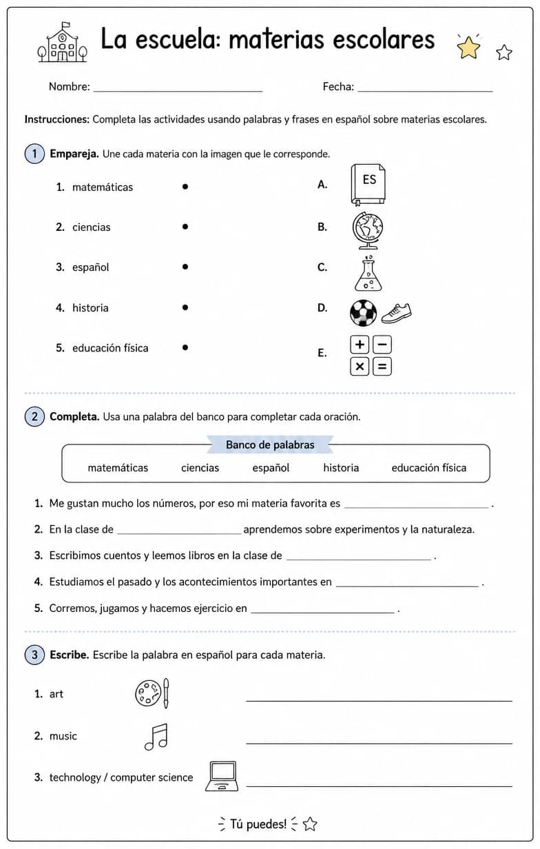 Producir palabras, frases u oraciones en español relacionadas con materias escolares. — free printable Middle School Spanish worksheet
