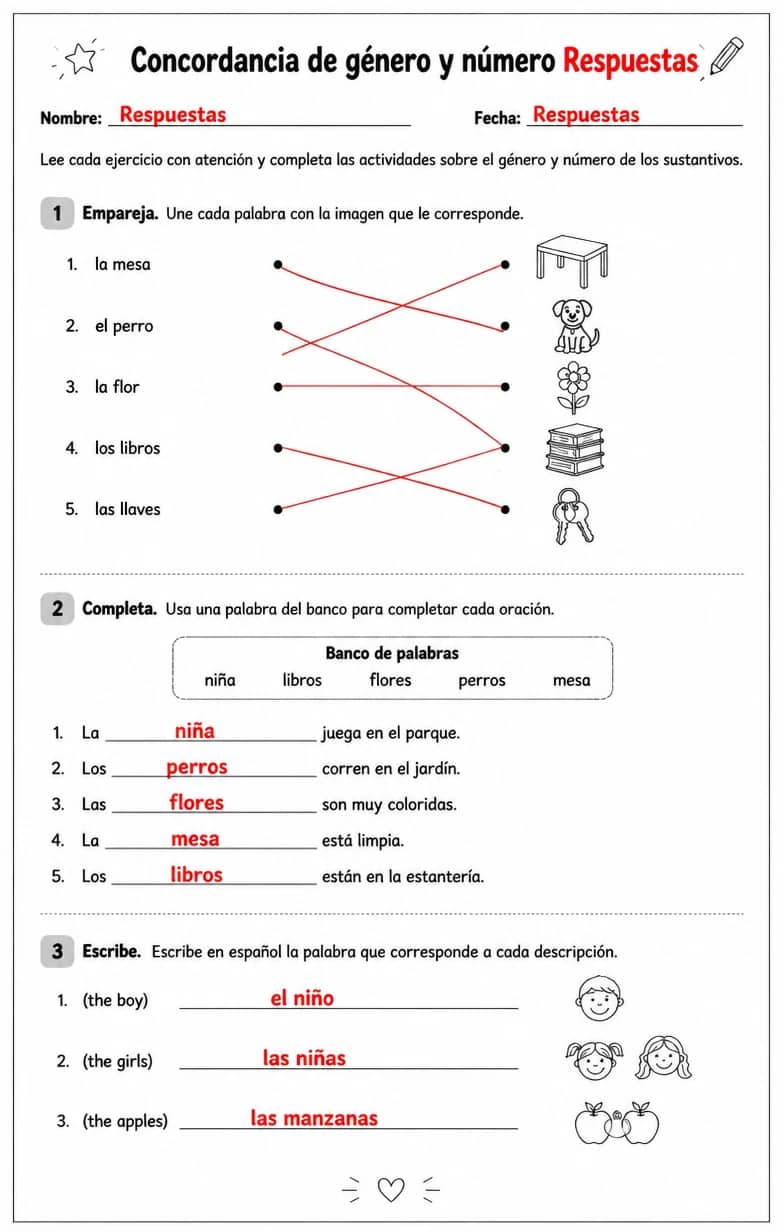 Answer key for Reconocer palabras, frases o oraciones en español relacionadas con el género de los sustantivos. — free printable Spanish worksheet