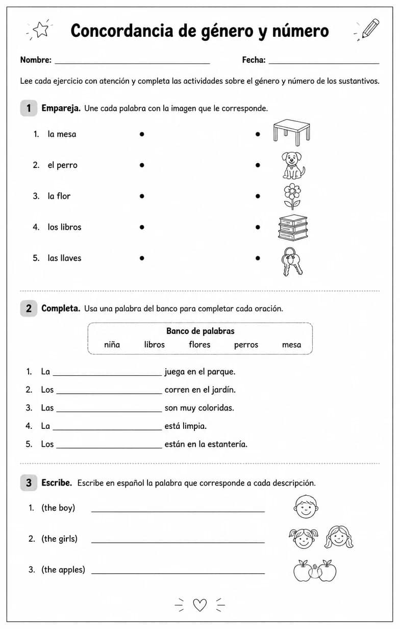 Reconocer palabras, frases o oraciones en español relacionadas con el género de los sustantivos. — free printable Middle School Spanish worksheet