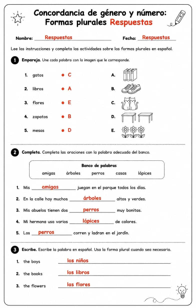 Answer key for Reconocer palabras, frases o oraciones en español relacionadas con formas plurales. — free printable Spanish worksheet