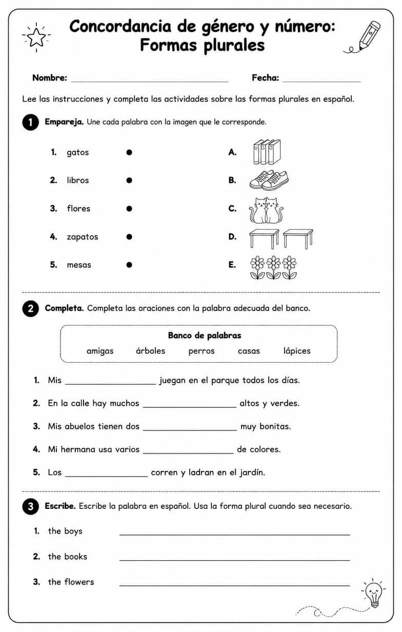 Reconocer palabras, frases o oraciones en español relacionadas con formas plurales. — free printable Middle School Spanish worksheet