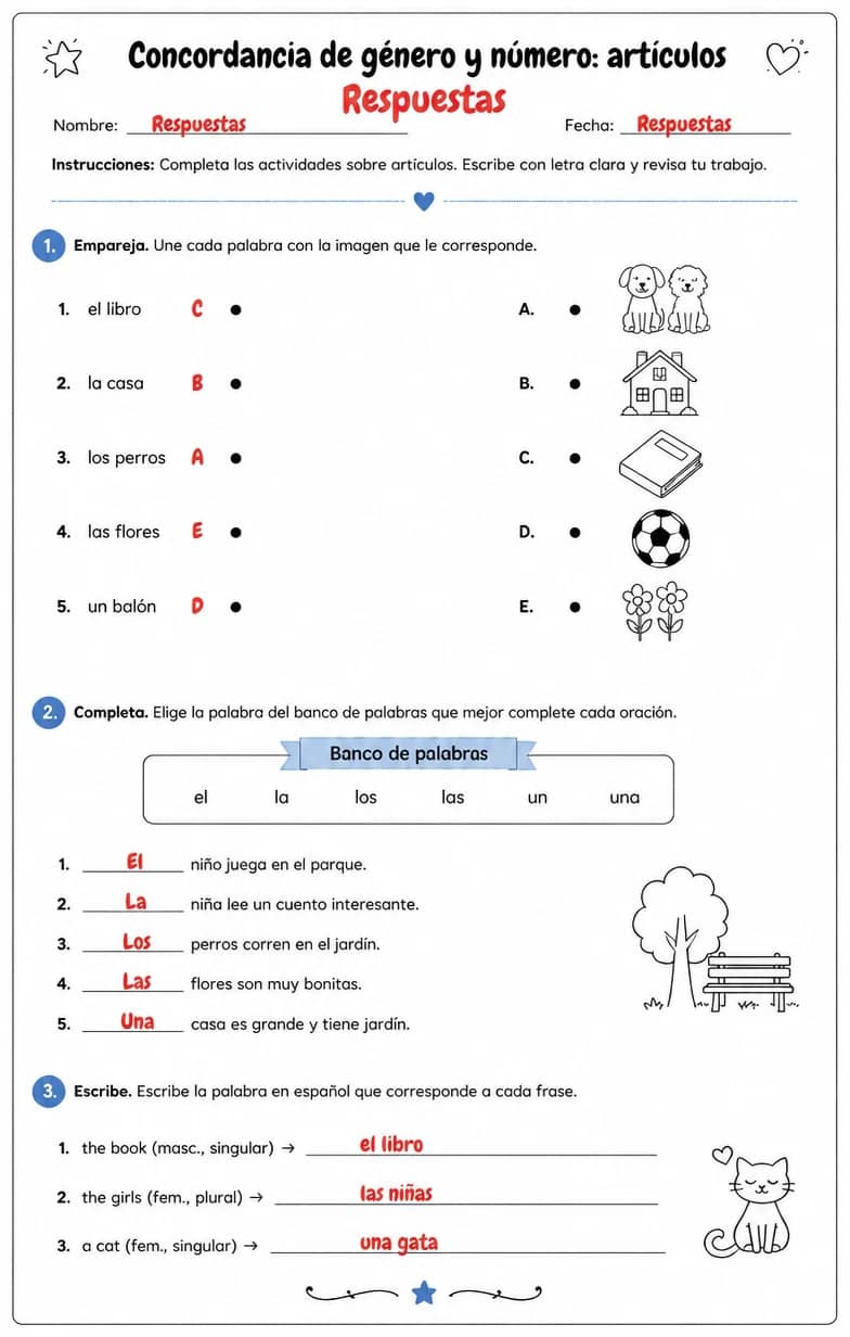Answer key for Reconocer palabras, frases o oraciones en español relacionadas con artículos. — free printable Spanish worksheet