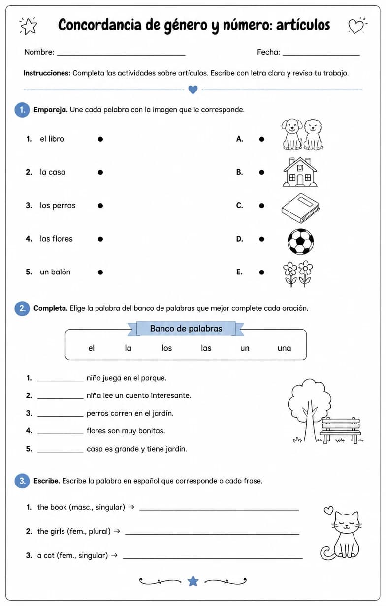 Reconocer palabras, frases o oraciones en español relacionadas con artículos. — free printable Middle School Spanish worksheet