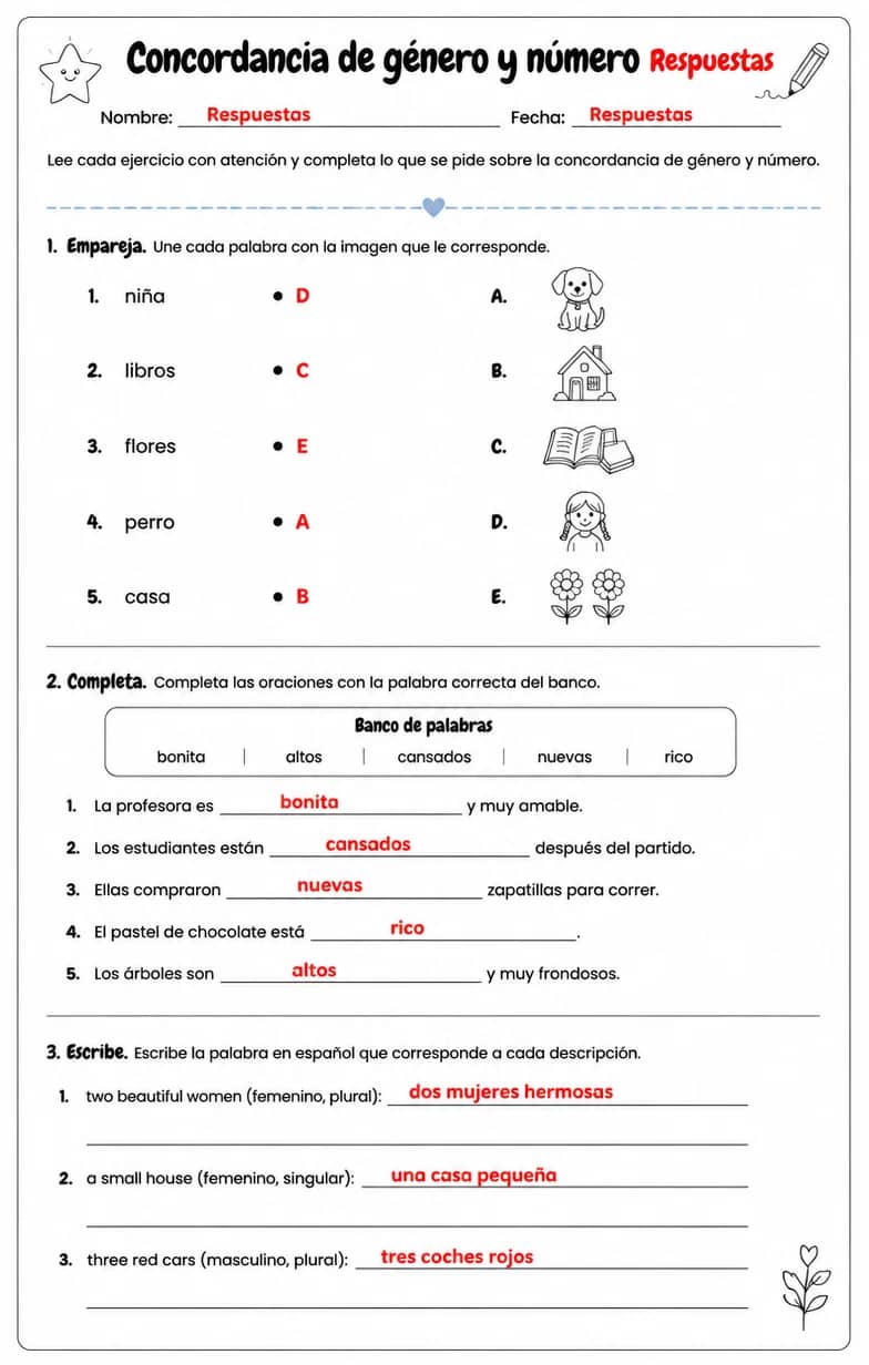 Answer key for Reconocer palabras, frases o oraciones en español relacionadas con la concordancia de adjetivos. — free printable Spanish worksheet
