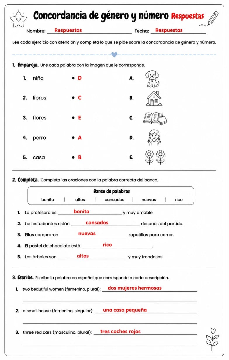 Answer key for Reconocer palabras, frases o oraciones en español relacionadas con la concordancia de adjetivos. — free printable Spanish worksheet
