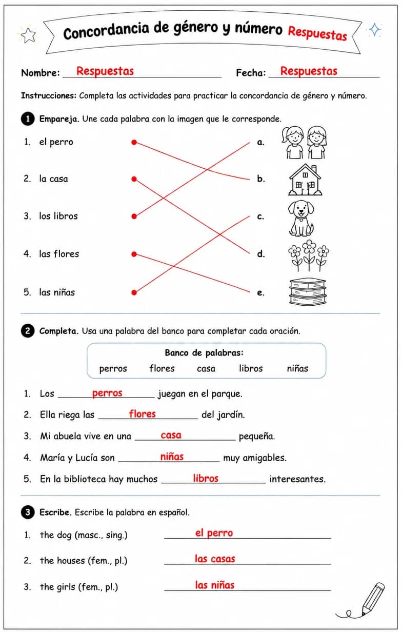 Answer key for Reconocer palabras, frases o oraciones en español relacionadas con categorías de género y número. — free printable Spanish worksheet
