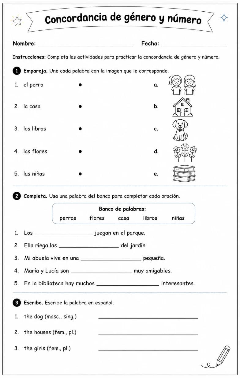 Reconocer palabras, frases o oraciones en español relacionadas con categorías de género y número. — free printable Middle School Spanish worksheet