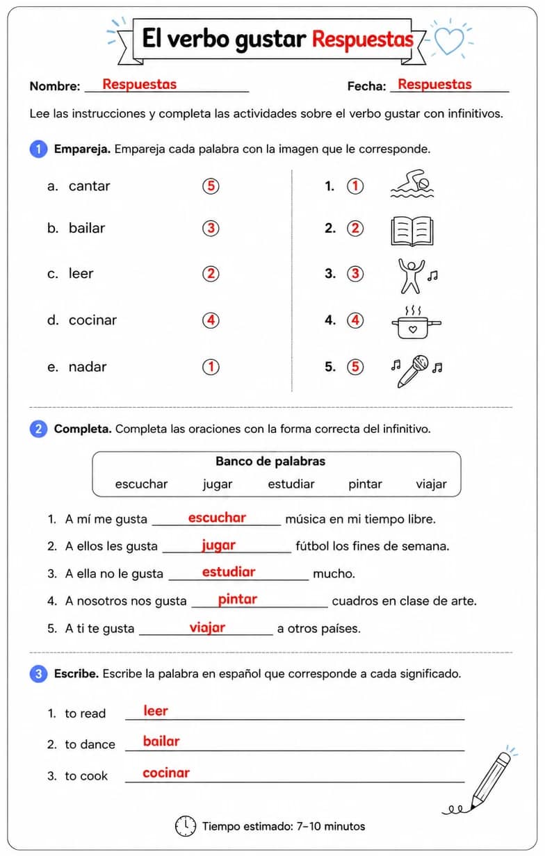 Answer key for Reconocer palabras, frases o oraciones en español relacionadas con gustar con infinitivos. — free printable Spanish worksheet