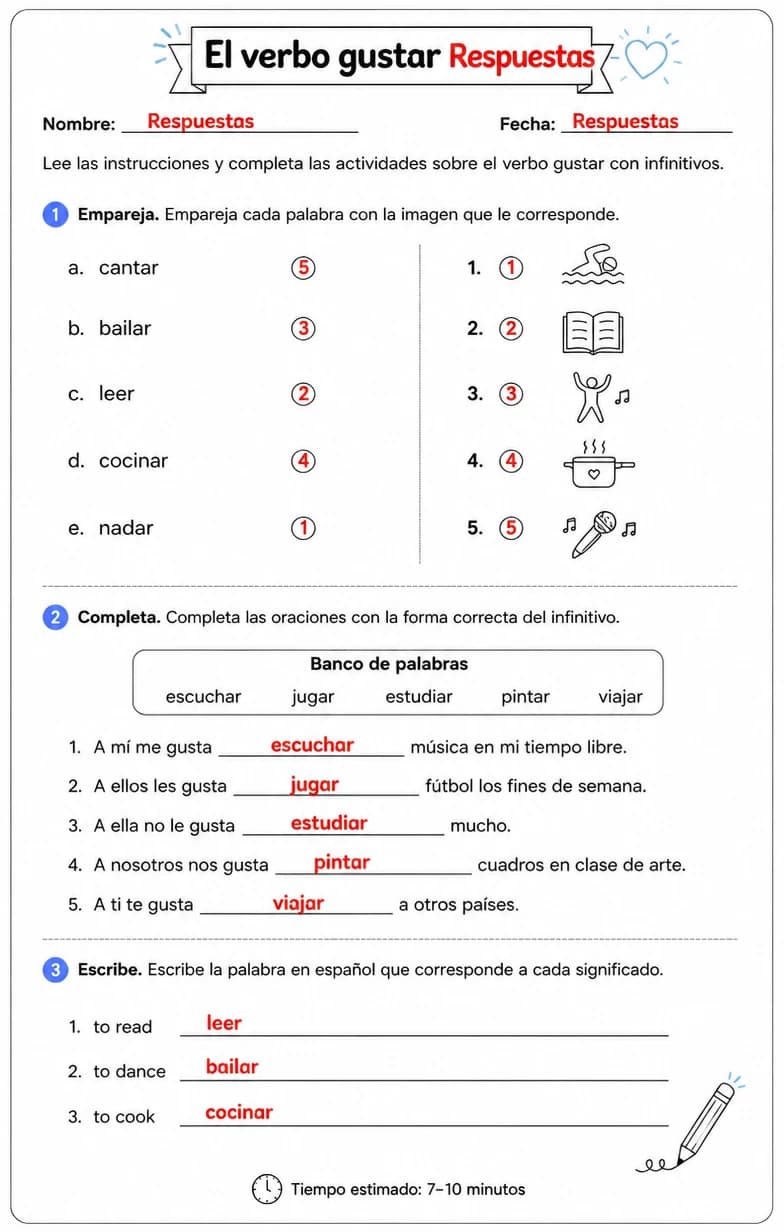 Answer key for Reconocer palabras, frases o oraciones en español relacionadas con gustar con infinitivos. — free printable Spanish worksheet