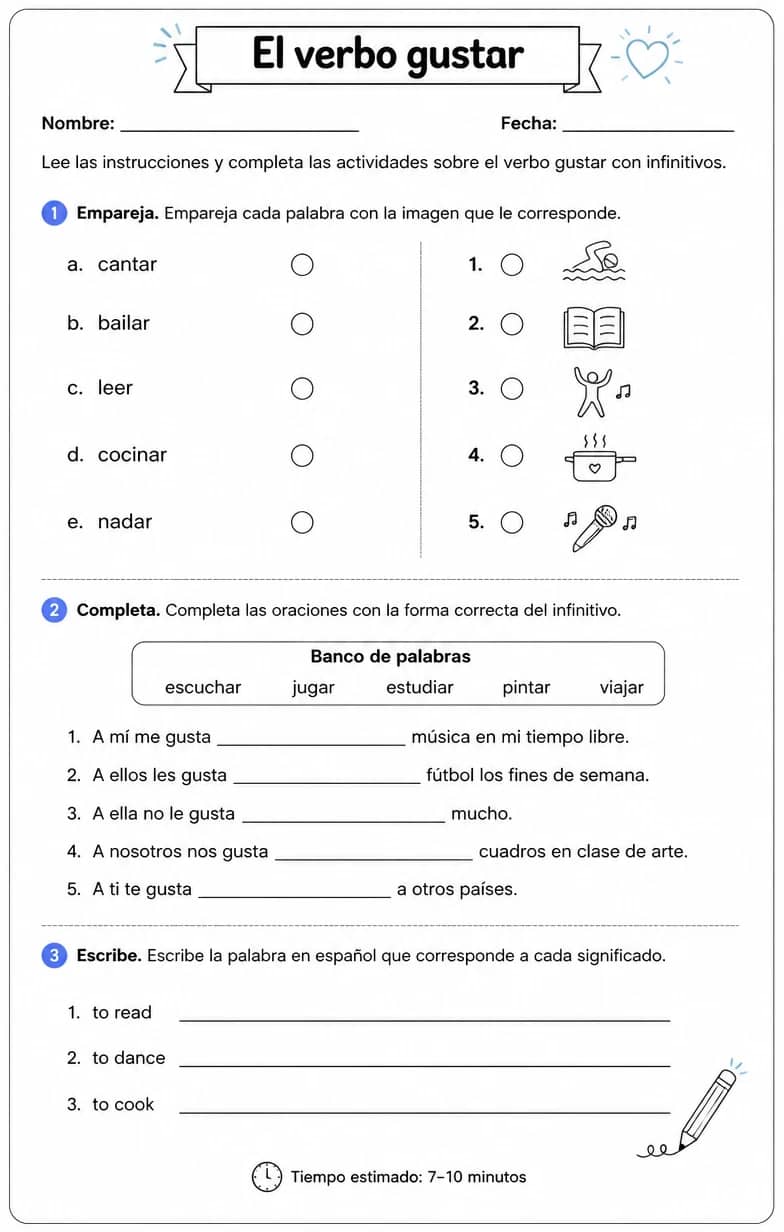 Reconocer palabras, frases o oraciones en español relacionadas con gustar con infinitivos. — free printable Middle School Spanish worksheet