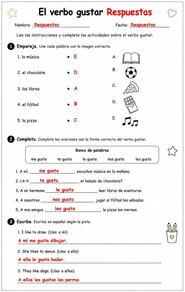 Answer key for Reconocer palabras, frases o oraciones en español relacionadas con las formas de gustar. — free printable Spanish worksheet