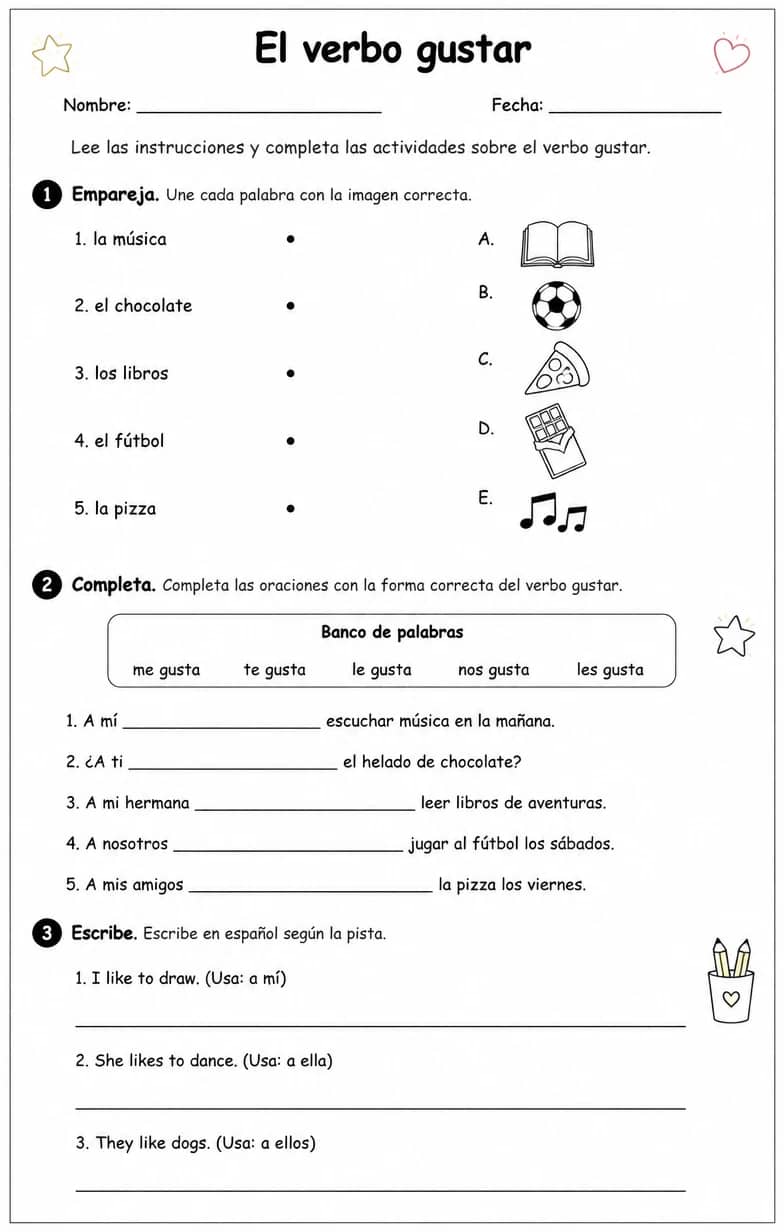 Reconocer palabras, frases o oraciones en español relacionadas con las formas de gustar. — free printable Middle School Spanish worksheet