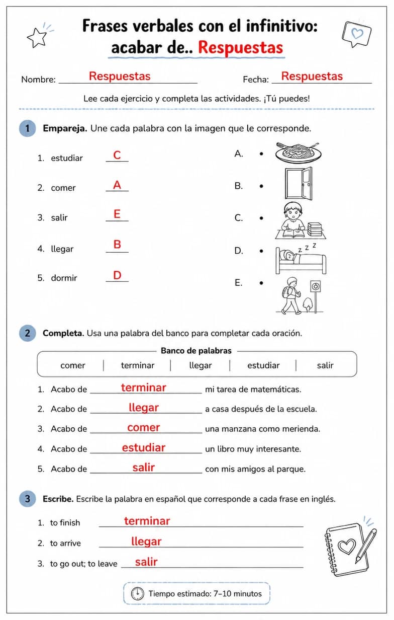 Answer key for Reconocer palabras, frases o oraciones en español relacionadas con acabar de. — free printable Spanish worksheet