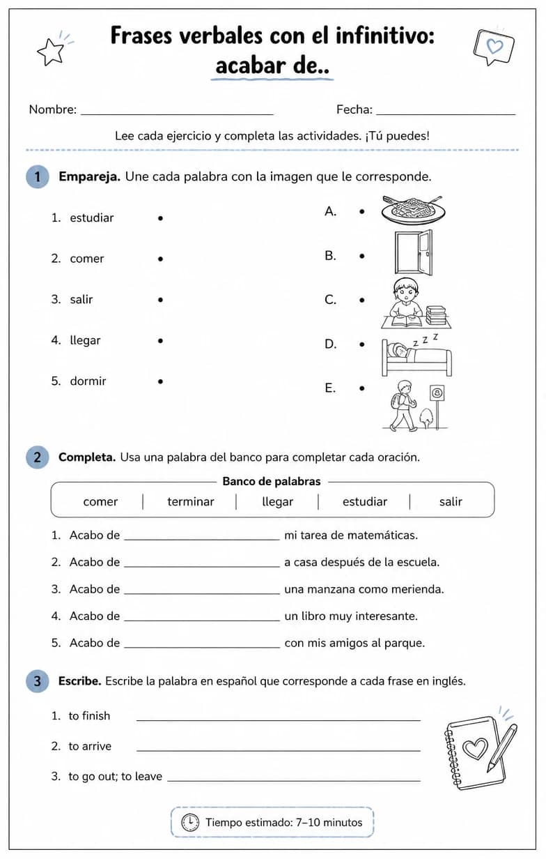 Reconocer palabras, frases o oraciones en español relacionadas con acabar de. — free printable High School Spanish worksheet