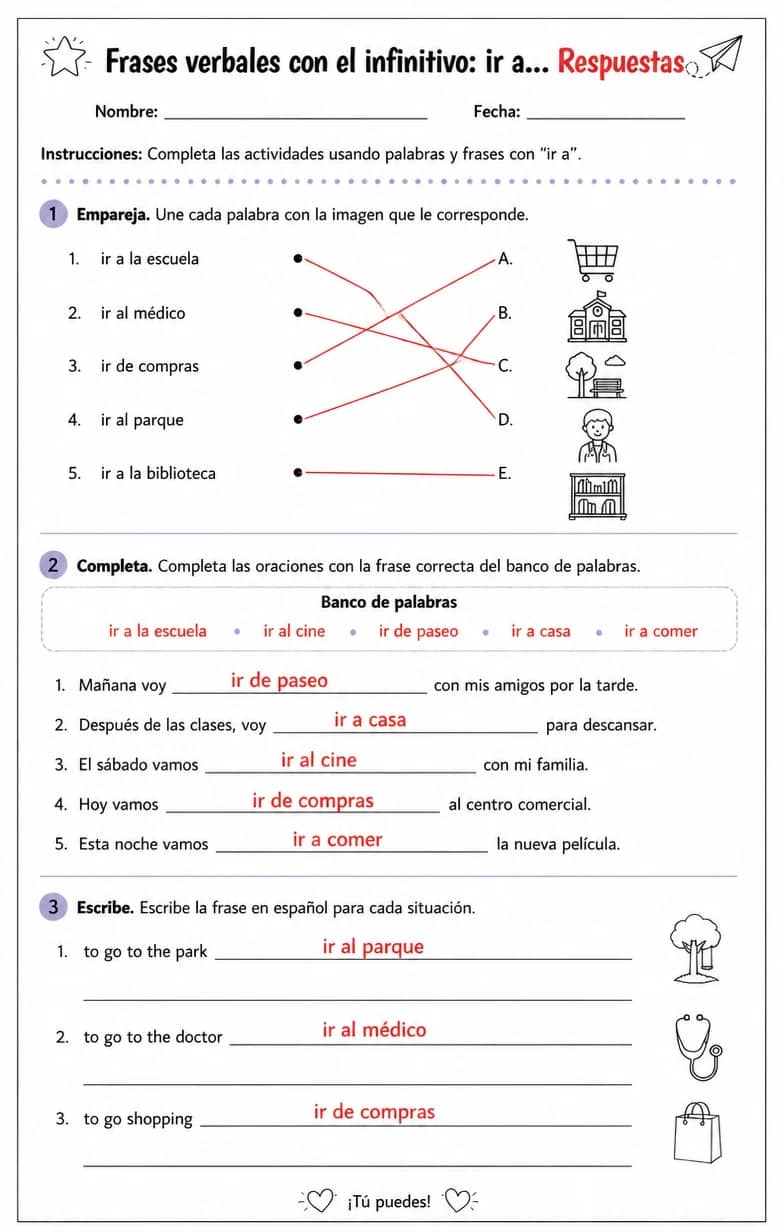 Answer key for Reconocer palabras, frases o oraciones en español relacionadas con ir a. — free printable Spanish worksheet