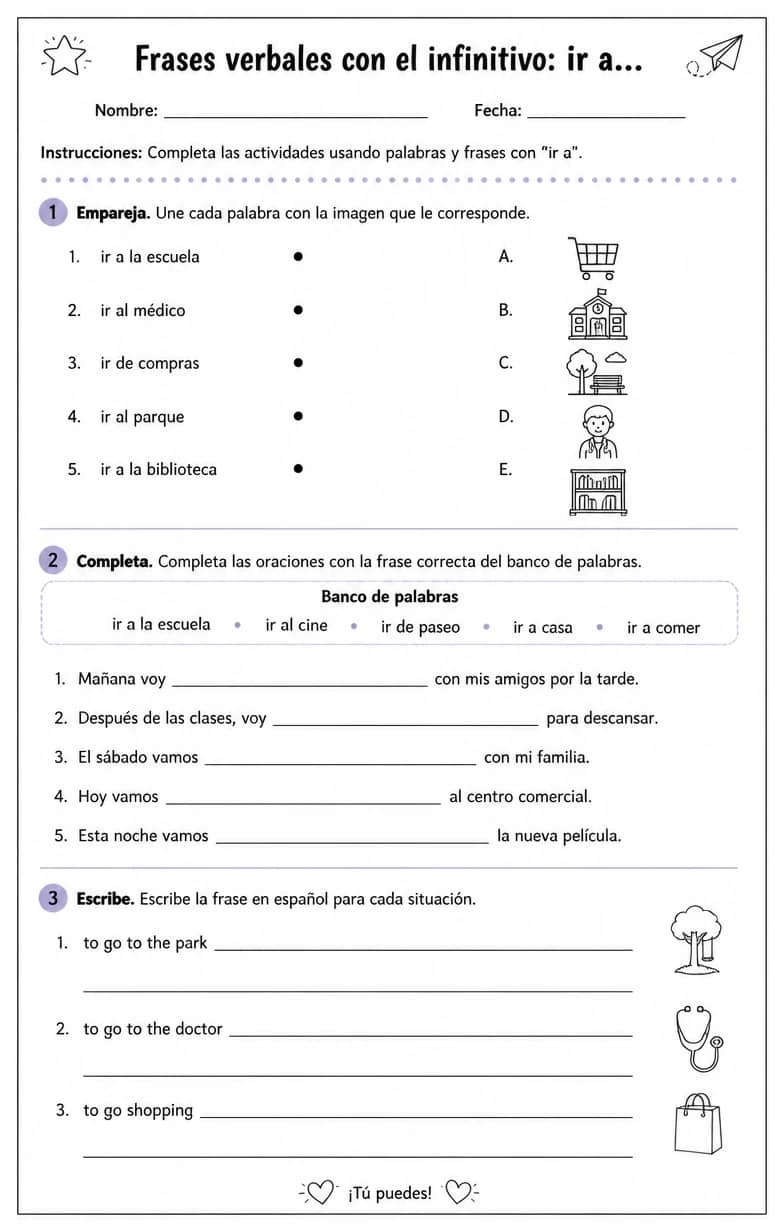 Reconocer palabras, frases o oraciones en español relacionadas con ir a. — free printable High School Spanish worksheet