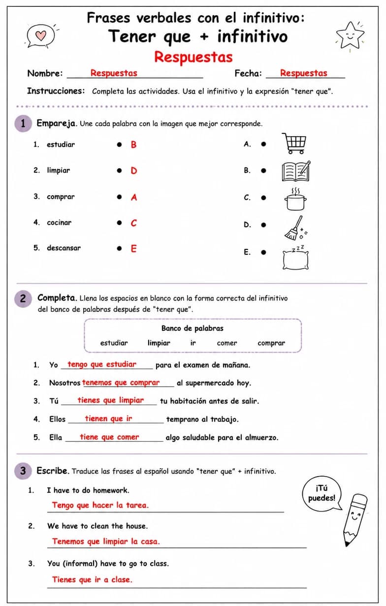 Answer key for Reconocer palabras, frases o oraciones en español relacionadas con tener que. — free printable Spanish worksheet