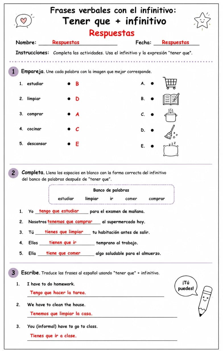 Answer key for Reconocer palabras, frases o oraciones en español relacionadas con tener que. — free printable Spanish worksheet