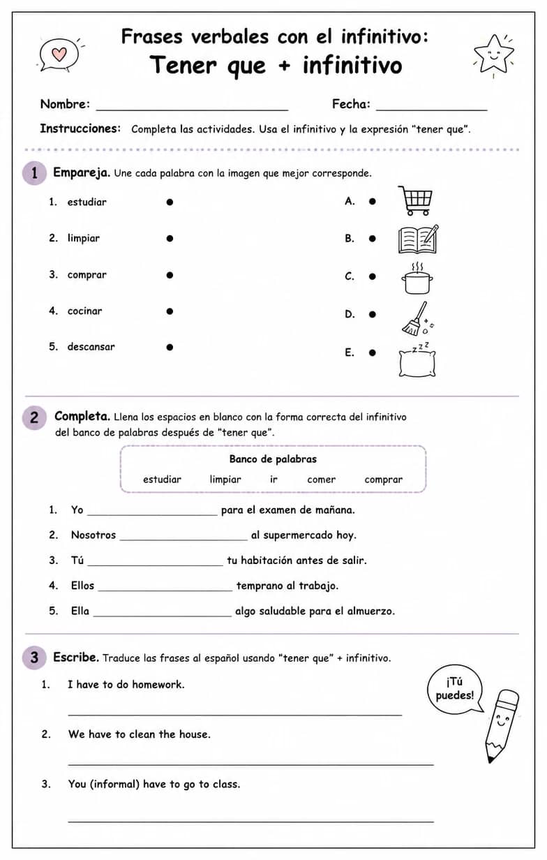 Reconocer palabras, frases o oraciones en español relacionadas con tener que. — free printable High School Spanish worksheet