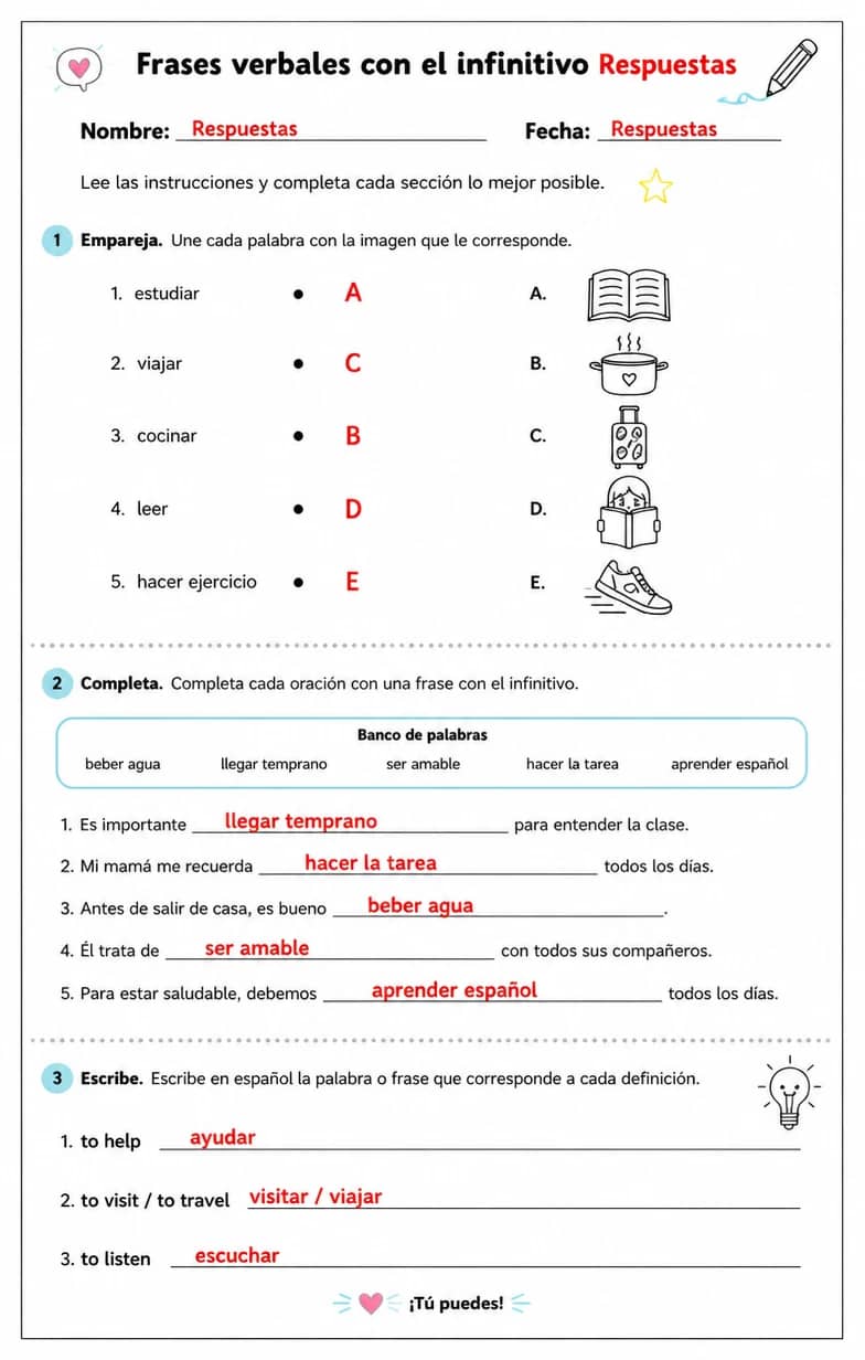 Answer key for Reconocer palabras, frases o oraciones en español relacionadas con frases infinitivas. — free printable Spanish worksheet